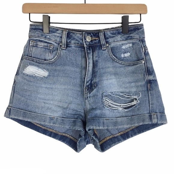 PACSUN Shorts Jean Denim Mom High Rise Waist Light Wash 2” Inseam Cuffed Size 24 - Picture 10 of 10